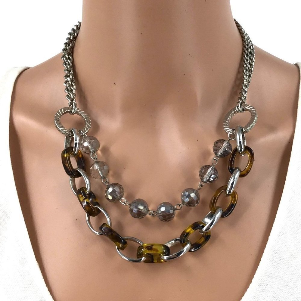 Ann Taylor LOFT Necklace Two Tier Beaded Tortoise Shell Chain Link Silver Tone B - Picture 3 of 4
